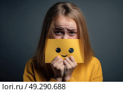 A woman is covering her face with a sheet of paper, obscuring her features from view. Стоковое AI-изображение, AI-художник Данила Большаков / Фотобанк Лори