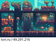 A screenshot showcasing various levels in a game, each with unique challenges and obstacles. Players can progress by completing tasks in each level. Стоковое AI-изображение, AI-художник Данила Большаков / Фотобанк Лори