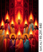 Colorful stained glass pentecost scene with diverse individuals and radiant flames. Стоковое AI-изображение, AI-художник Olga Didraga / Фотобанк Лори