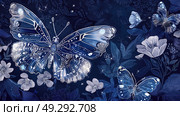 Midnight Majesty: A Butterfly's Luminous Dance Amongst Floral Elegance. Стоковое AI-изображение, AI-художник Konstantin Plotnikov / Фотобанк Лори