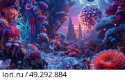 Vivid underwater fantasy scene with colorful mushrooms, exotic plants, and fanciful fish. High-resolution digital artwork that captures a magical aquatic ecosystem. Mystical ocean floor concept. Стоковое AI-изображение, AI-художник Konstantin Plotnikov / Фотобанк Лори