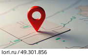 Geo tracking navigation system. A flat-shaded 3D location pin icon with subtle parallax effect, bright red, hovering over a minimalist map. destination point, Стоковое AI-видео, аниматор Sergey Grishin / Фотобанк Лори