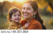 Indian mom hugging toddler baby outside in park. AI Generative. Стоковое AI-видео, аниматор Spirit River / Фотобанк Лори