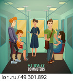Subway Commuters Background . Subway commuters background with underground travel and train interior flat vector illustration. Стоковая иллюстрация, агентство Ingram Publishing / Фотобанк Лори