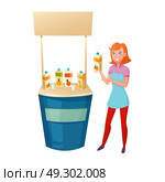 Healthy Food Promotion Design Concept . Healthy food promotion design concept with young girl standing near counter and offering tasting different juices vector illustration. Стоковая иллюстрация, агентство Ingram Publishing / Фотобанк Лори