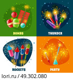 Firework Crackers Rockets  4 Icons Square. Parties and special events celebration firework concept 4 colorful icons square with rockets firecrackers bombs isolated vector illustration . Стоковая иллюстрация, агентство Ingram Publishing / Фотобанк Лори