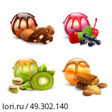 Ice Cream Scoop Set. Set of isolated ice cream scoop assortment images with jam berries chocolate kiwi and nuts toppings vector illustration. Стоковая иллюстрация, агентство Ingram Publishing / Фотобанк Лори