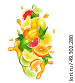 Citrus Fruits Juice  Drops Colorful Composition. Fresh citrus fruits wedges slices and segment with orange juice splashes around colorful realistic composition vector illustration . Стоковая иллюстрация, агентство Ingram Publishing / Фотобанк Лори