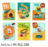 Pet Care 6 Mini Banners Set . Affordable pet care store advertisement 6 mini banners collection with healthy food and accessories isolated vector illustration . Стоковая иллюстрация, агентство Ingram Publishing / Фотобанк Лори