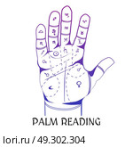 Chiromancy Design Concept With Human Palm. Chiromancy design concept with hand drawn human palm painted lines and occult symbols flat vector illustration . Стоковая иллюстрация, агентство Ingram Publishing / Фотобанк Лори