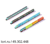 Train Cars In Formation Set. Trains composition of four isolated images of isometric train sets with varnished cars and baggage train vector illustration. Стоковая иллюстрация, агентство Ingram Publishing / Фотобанк Лори