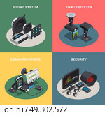 Car Electronics Autoelectronics Isometric Composition. Four square car electronics autoelectronics isometric composition with sound system dvr detector communications and security descriptions vector illustration. Стоковая иллюстрация, агентство Ingram Publishing / Фотобанк Лори