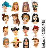 Avatars Set In Cartoon Style. Set of male and female avatars in cartoon style including hippie punk hipster goth isolated vector illustration. Стоковая иллюстрация, агентство Ingram Publishing / Фотобанк Лори