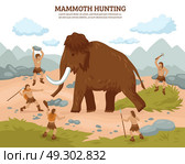 Mammoth Hunting Background . Mammoth hunting background with people mammoth and weapons flat vector ilustration. Стоковая иллюстрация, агентство Ingram Publishing / Фотобанк Лори