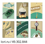 Freshwater Fishing 6 Posters Prints Collection . Freshwater fishing 6 mini posters collection with fisherman equipment pictures tactics tips and free recipes isolated vector illustration . Стоковая иллюстрация, агентство Ingram Publishing / Фотобанк Лори