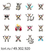 Half Ape Icons Collection. Lemur polygonal big set of sixteen isolated macaco funny cartoon character icons in flat doodle style vector illustration. Стоковая иллюстрация, агентство Ingram Publishing / Фотобанк Лори