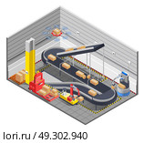 Automatic Warehouse Isometric Interior. Automatic robotic warehouse section isometric interior with conveyor tape lifter images and electric manipulator moving boxes vector illustration. Стоковая иллюстрация, агентство Ingram Publishing / Фотобанк Лори