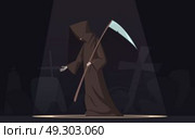 Death With Scythe Symbol Cartoon Image. Death with scythe traditional black-hooded grim reaper symbolic figure in spotlight dark background poster cartoon vector illustration . Стоковая иллюстрация, агентство Ingram Publishing / Фотобанк Лори