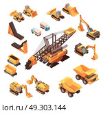 Extractive Equipment Isometric Set. Isometric mining set of isolated machinery images with orange trucks bulldozers lorries excavators and various equipment vector illustration. Стоковая иллюстрация, агентство Ingram Publishing / Фотобанк Лори