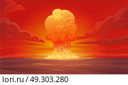 Nuclear Explosion Composition. Colored red nuclear explosion composition or poster with column of smoke rising vertically into the sky vector illustration. Стоковая иллюстрация, агентство Ingram Publishing / Фотобанк Лори