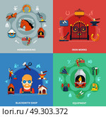 Blacksmith Design Concept Set. Blacksmith design concept set of four colorful iron works compositions with doodle icons of horseshoeing equipment vector illustration. Стоковая иллюстрация, агентство Ingram Publishing / Фотобанк Лори