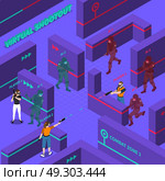 Virtual Gun Battles Isometric Illustration. Virtual gun battles including players with electronic equipment computer soldiers barriers in combat zone isometric vector illustration. Стоковая иллюстрация, агентство Ingram Publishing / Фотобанк Лори