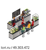 Hipster Coffee Bar Isometric Poster. Hipsters at coffee shop bar counter isometric modern colorful cafe design poster with chalkboard menu vector illustration . Стоковая иллюстрация, агентство Ingram Publishing / Фотобанк Лори