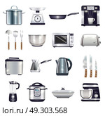 Kitchen Accessories Set. Kitchen accessories set with coffee machine, toaster, blender, microwave, food processor, kettle, cezve, knives isolated vector illustration. Стоковая иллюстрация, агентство Ingram Publishing / Фотобанк Лори