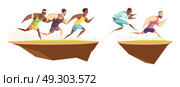 Runners Jump A Ditch Composition. Competition icons retro cartoon composition with male runner characters of different race and skin color vector illustration. Стоковая иллюстрация, агентство Ingram Publishing / Фотобанк Лори