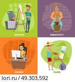 Graphic Designer Artist 4 Icons Square  . Creative artist designer work concept 2 colorful background icons square with landscape painter and sculptor isolated vector illustration . Стоковая иллюстрация, агентство Ingram Publishing / Фотобанк Лори