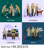 Spy Flat Concept . Spy flat concept with detectives dressed in brown coat and involving in different professional situations vector illustration. Стоковая иллюстрация, агентство Ingram Publishing / Фотобанк Лори