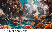 Vivid underwater fantasy scene with colorful mushrooms, exotic plants, and fanciful fish. High-resolution digital artwork that captures a magical aquatic ecosystem. Mystical ocean floor concept. Стоковое AI-изображение, AI-художник Konstantin Plotnikov / Фотобанк Лори