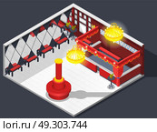 Theatre Hatcheck Room Composition. Theatre isometric interior composition of checkroom lobby furniture dressing area with mirrors seats and luminant chandeliers vector illustration. Стоковая иллюстрация, агентство Ingram Publishing / Фотобанк Лори