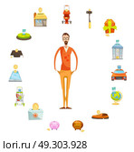 Family Budget Round Composition. Family budget composition of full length male character with empty pockets surrounded by valuable things circle vector illustration. Стоковая иллюстрация, агентство Ingram Publishing / Фотобанк Лори