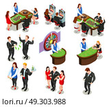 Casino Isometric Decorative Icons . Casino isometric colored decorative icons with croupier and gamers playing roulette poker and slot machine isolated vector illustration. Стоковая иллюстрация, агентство Ingram Publishing / Фотобанк Лори