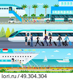 Transportation Modes Banners Set. Three horizontal traveling transport banners set with tropical airport transfer intercity train and passenger ocean going ship vector illustration. Стоковая иллюстрация, агентство Ingram Publishing / Фотобанк Лори