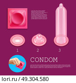 Condom Realistic Infographics. Realistic infographics with text field presenting information about the use of condoms vector illustration. Стоковая иллюстрация, агентство Ingram Publishing / Фотобанк Лори
