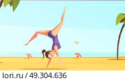 Beach Acrobatics Cartoon Composition. Sportswoman retro cartoon set with doodle style female character doing handstand on tropical beach landscape background vector illustration. Стоковая иллюстрация, агентство Ingram Publishing / Фотобанк Лори