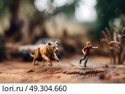 A man standing alongside a lion in a dirt field. Стоковое AI-изображение, AI-художник Данила Большаков / Фотобанк Лори