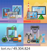 3D Printing 2x2 Design Concept . 3D printing 2x2 design concept with modeling scanner consumables and printer modifications compositions flat vector illustration. Стоковая иллюстрация, агентство Ingram Publishing / Фотобанк Лори