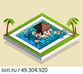 Friends In Water Park Isometric Illustration. Young friends having fun in water park swimming pool with bar in middle 3d isometric vector illustration. Стоковая иллюстрация, агентство Ingram Publishing / Фотобанк Лори