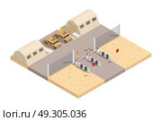 Military Isometric Composition. Military isometric composition with guarded military base and with the necessary equipment vector illustration. Стоковая иллюстрация, агентство Ingram Publishing / Фотобанк Лори