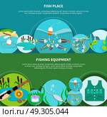 Angling Gear Banners Collection. Fishing equipment banners set with doodle style circle images of fish net ledger hook and text vector illustration. Стоковая иллюстрация, агентство Ingram Publishing / Фотобанк Лори