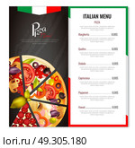 Italian Pizza Menu Design. Pizza menu design with realistic images of pizza slices with italian national symbolics and editable text vector illustration. Стоковая иллюстрация, агентство Ingram Publishing / Фотобанк Лори
