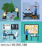Crime Investigation Flat Design Concept. Crime investigation flat design concept with experts at murder scene forensic laboratory and police isolated vector illustration. Стоковая иллюстрация, агентство Ingram Publishing / Фотобанк Лори