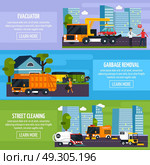 Special Transport Flat Horizontal Banners. Special transport flat horizontal banners set with wrecker garbage removal and street cleaner decorative icons vector illustration . Стоковая иллюстрация, агентство Ingram Publishing / Фотобанк Лори