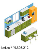 Kitchen Furniture Isometric Composition. Kitchen interior isometric composition with fridge microwave and table vector illustration. Стоковая иллюстрация, агентство Ingram Publishing / Фотобанк Лори