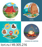 Summer Travel Design Concept. Camping design concept square compositions set with drawn travel tent backpack night campfire images and location vector illustration. Стоковая иллюстрация, агентство Ingram Publishing / Фотобанк Лори