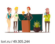 Award Winner Interview Composition. Lucky situations flat composition with prizewinner behind the podium photographer reporter and journalist doodle style characters vector illustration. Стоковая иллюстрация, агентство Ingram Publishing / Фотобанк Лори
