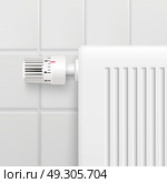 Temperature Control Knob Realistic Image. Hot water heating radiator temperature control knob closeup realistic image with tiled wall background vector illustration . Стоковая иллюстрация, агентство Ingram Publishing / Фотобанк Лори